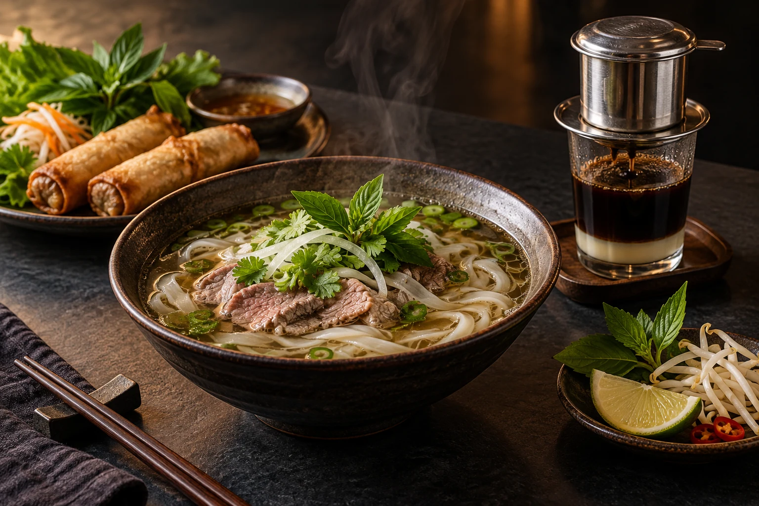 Conceptual Vietnamese pho with beef, fried spring rolls, fresh herbs and phin coffee on a dark table